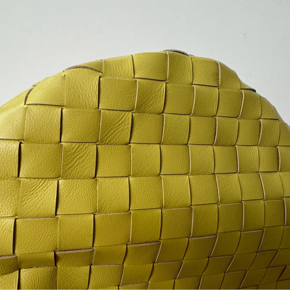 Yellow Intrecciato Woven Half Moon Leather Clutch Wristlet Top Handle Bag - Picture 7 of 16